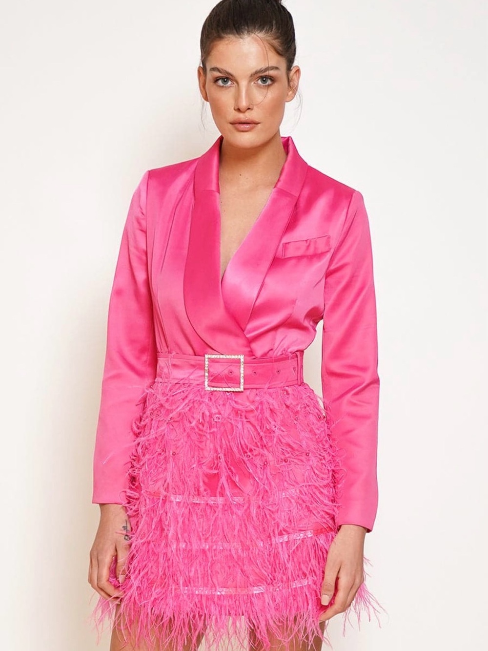 Z Crave Feather Mini Blazer Dress in Fuchsia with Belt in size medium